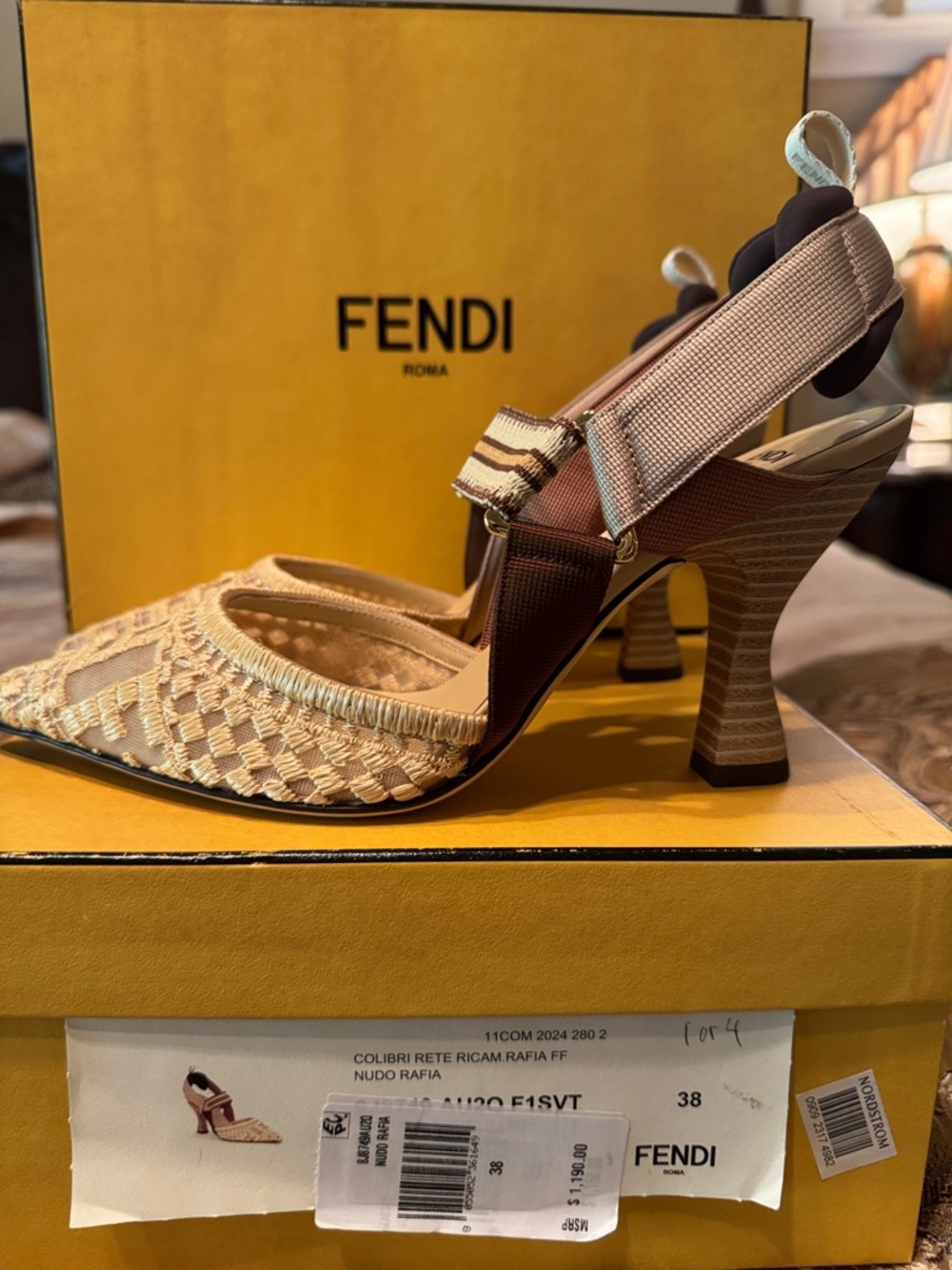 Fendi Colibri Rete Nudo Rafia Pointed Slingback Heels - Picture 4 of 10